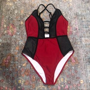 Cupshe Burgundy and Black Mesh Plunge One Piece